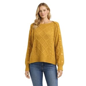 NilI Lotan Dakota Fisherman Knit Button Sweater in Mustard Yellow XS